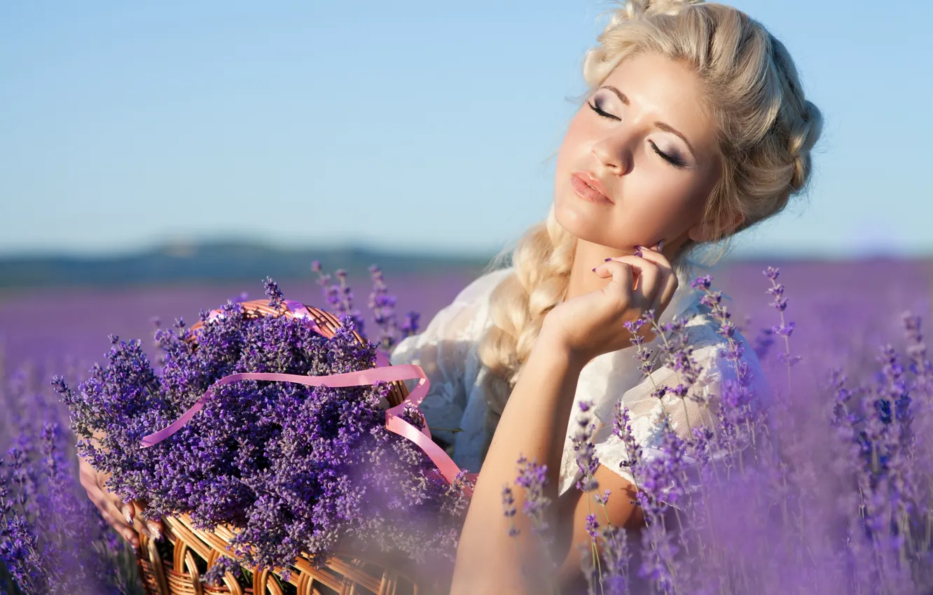 Photo wallpaper girl, nature, basket, makeup, hairstyle, blonde, lavender, lavender field
