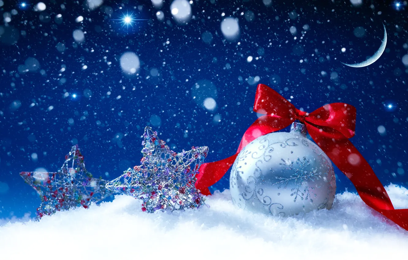 Wallpaper white, stars, snow, red, pattern, toys, ball, a month, silver,  New Year, Christmas, bow, Christmas, holidays, New Year, Christmas images  for desktop, section новый год - download
