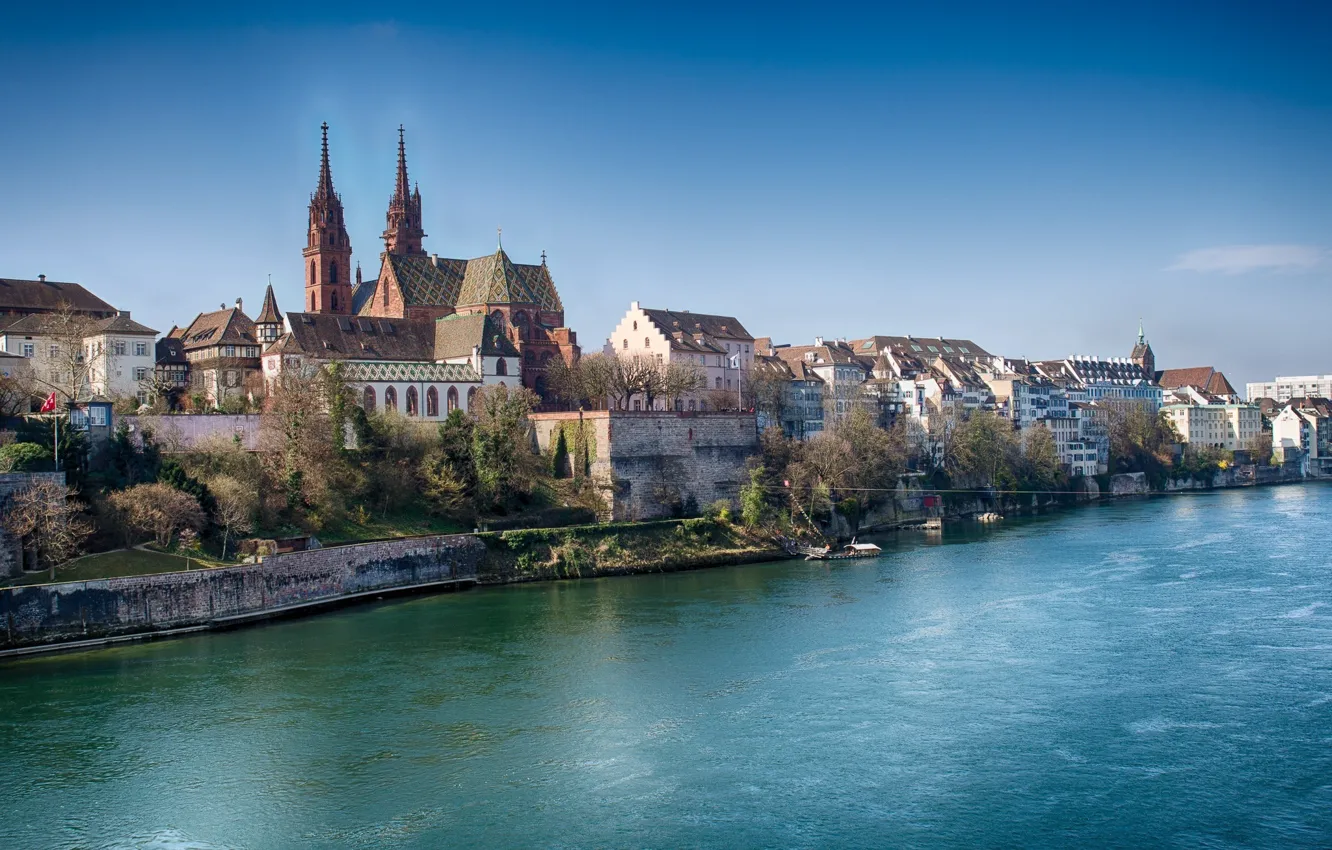 Photo wallpaper river, home, Switzerland, Rhine, Basel