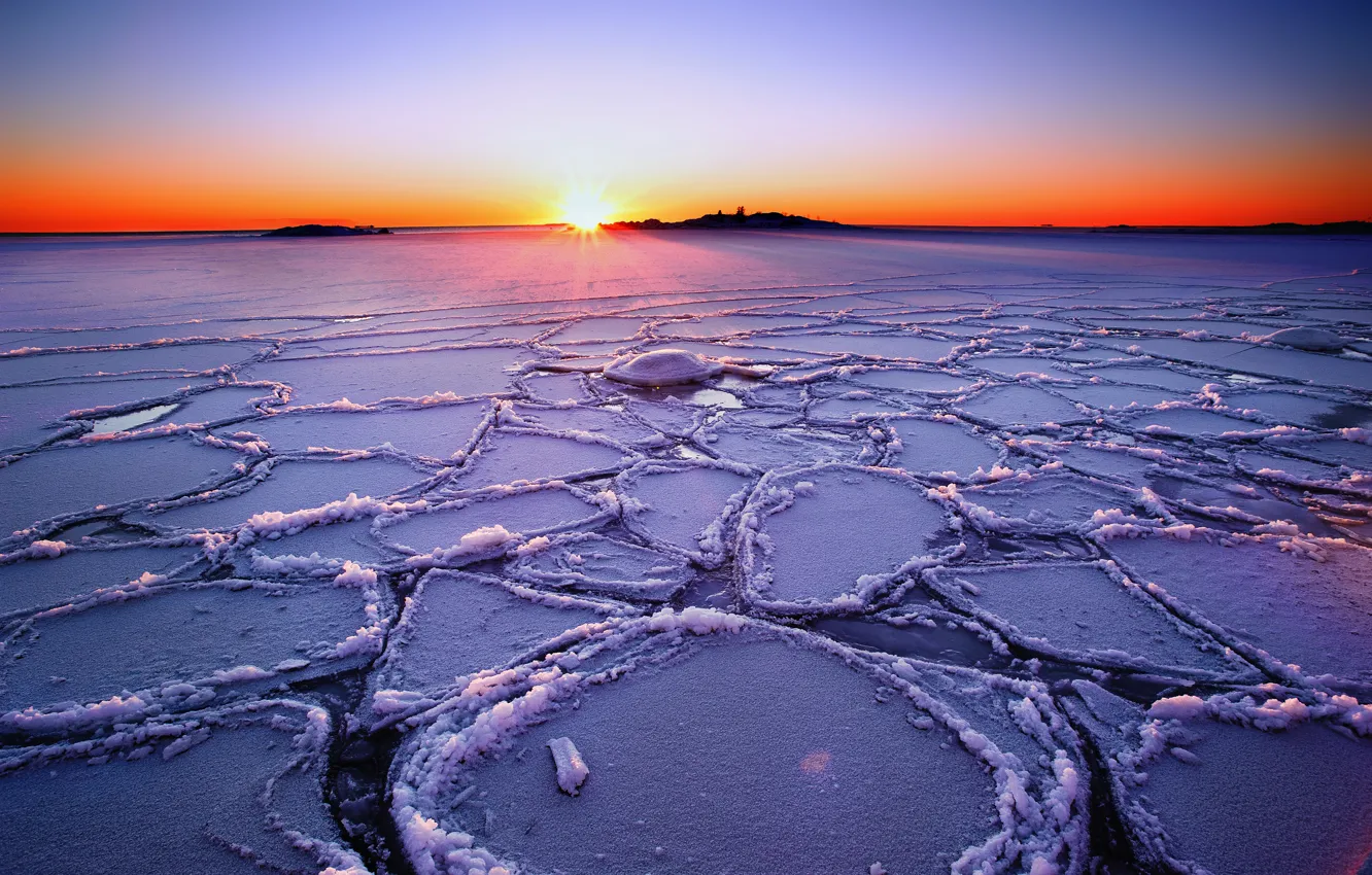 Photo wallpaper winter, the sky, the sun, rays, sunset, lake, ice