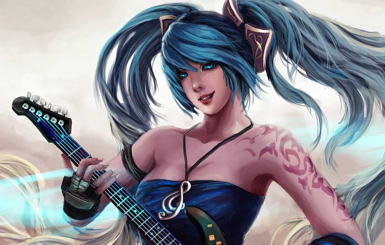 Wallpaper girl, guitar, art, blue hair, League of Legends, sona, Maven of  the Strings images for desktop, section игры - download