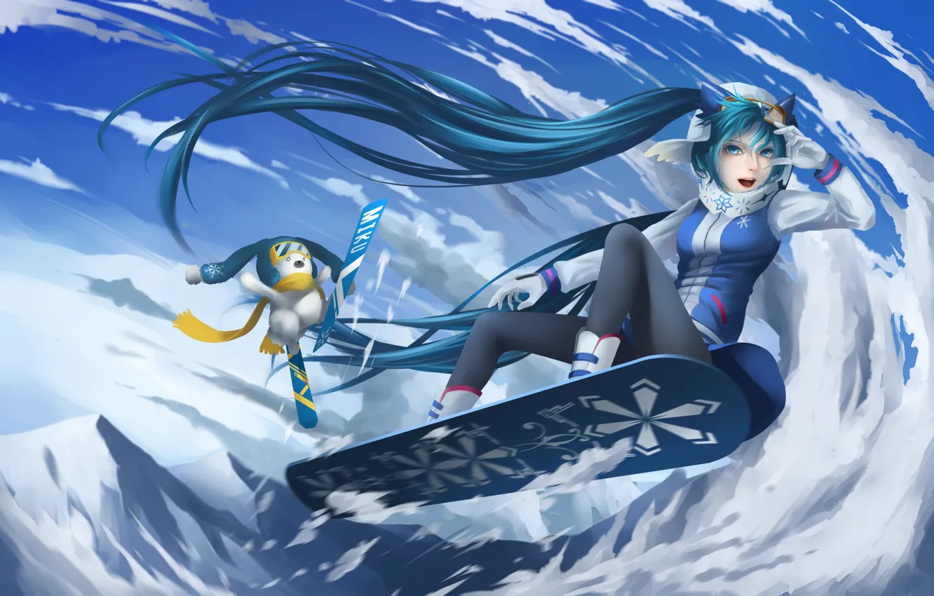 Wallpaper Winter Girl Snow Joy Mountains Snowboard Anime Art Vocaloid Yuki Miku Sg Fremontbar Images For Desktop Section Prochee Download
