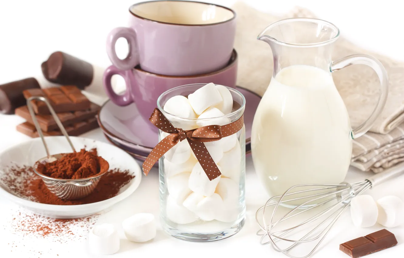 Photo wallpaper chocolate, milk, Cup, pitcher, saucers, marshmallows, swipe