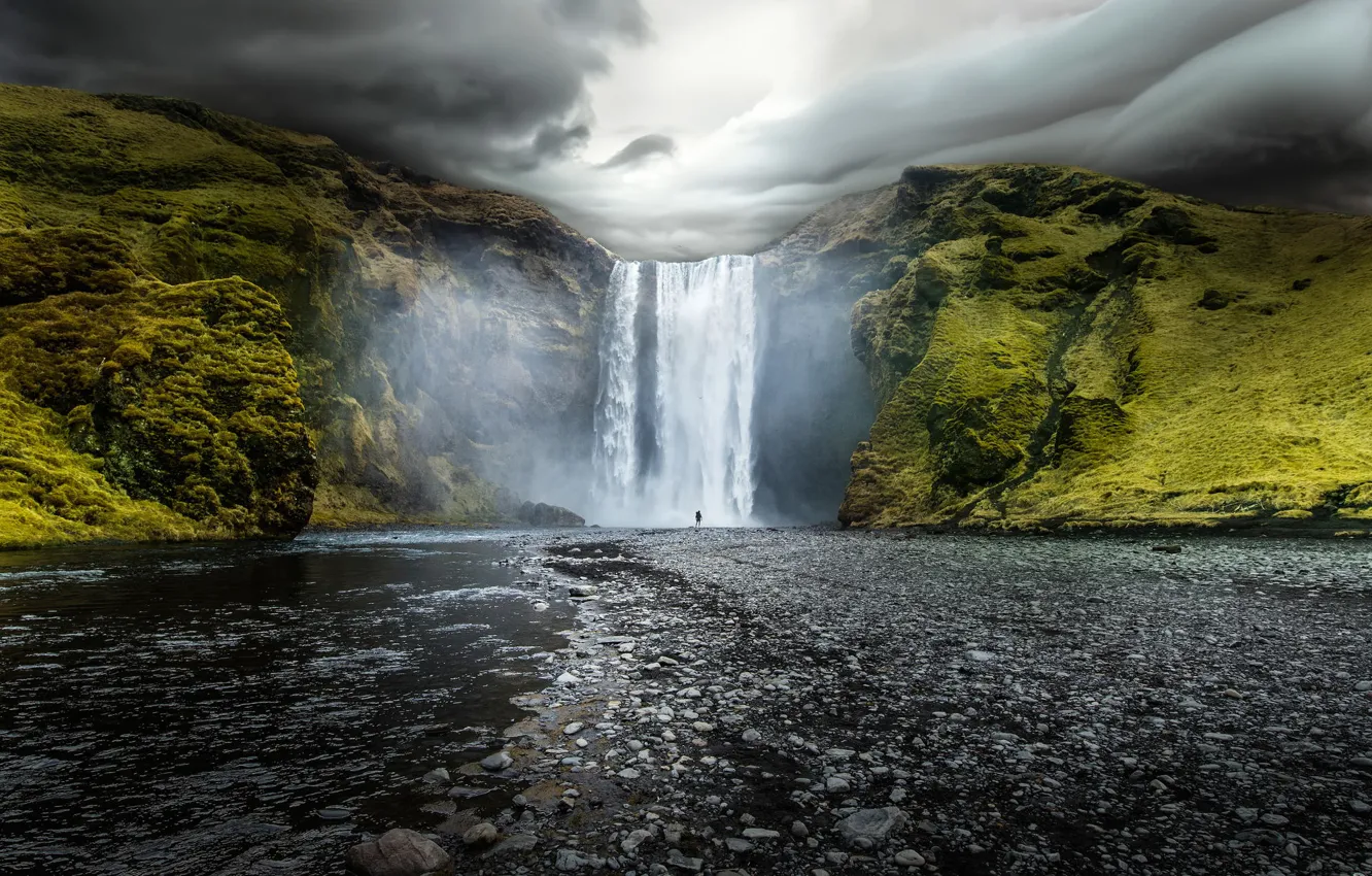Photo wallpaper water, clouds, nature, river, rocks, waterfall, Iceland, Iceland, Skogafoss, Skogarfoss
