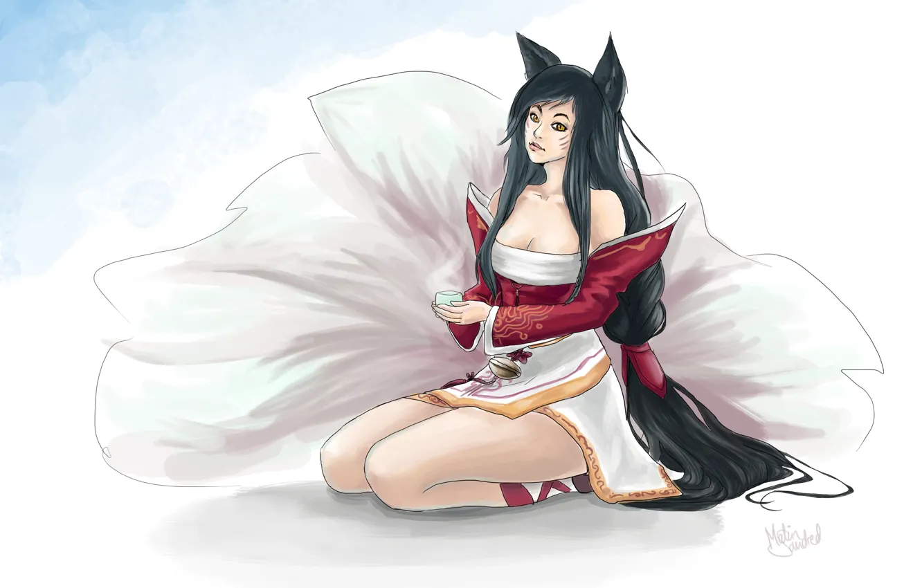 Photo wallpaper look, girl, face, background, the game, Cup, sitting, ears, long hair, League of Legends, LoL, …