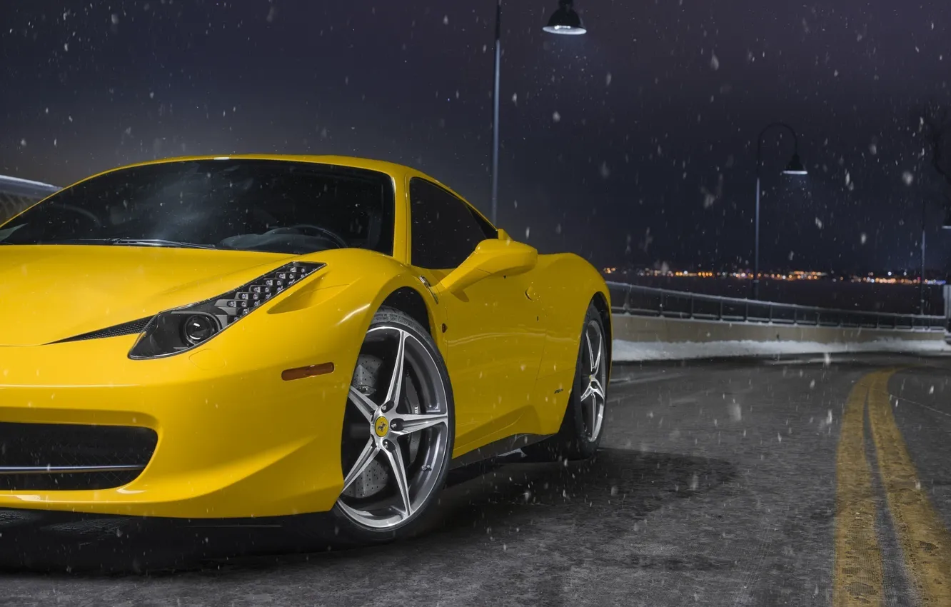 Photo wallpaper Ferrari, 458, Front, Snow, Yellow, Italia, Road, Supercar, Wheels, Ligth, Nigth