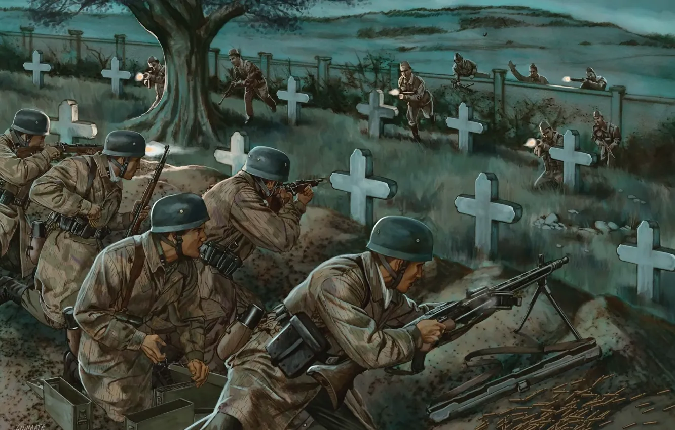 Photo wallpaper war, figure, battle, art, soldiers, cemetery, shots, machine gun, rifle, WW2