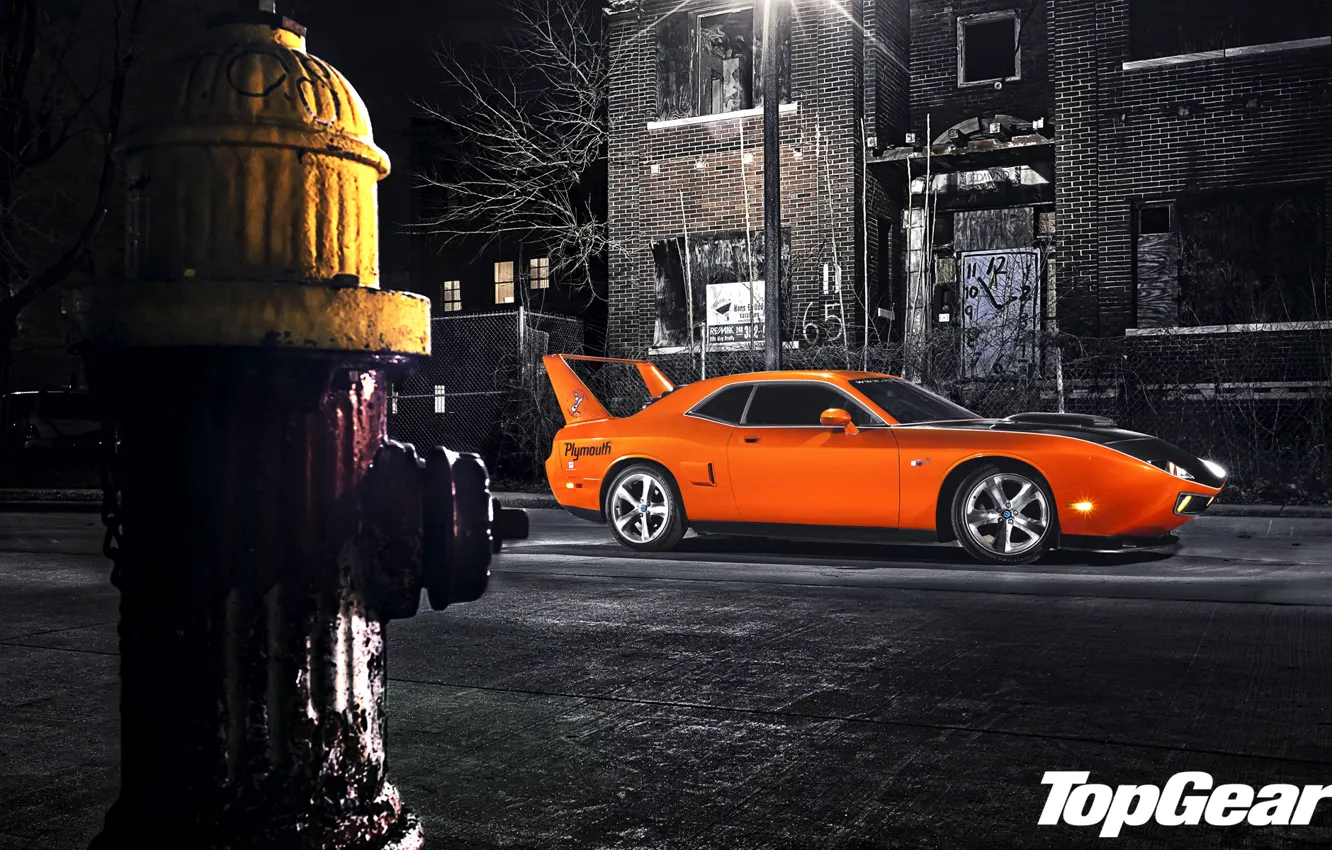 Photo wallpaper night, orange, street, tuning, lantern, Top Gear, Dodge, Challenger, muscle car, side view, tuning, the …