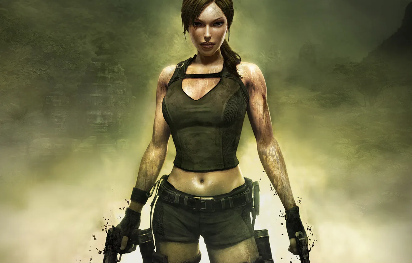 Wallpaper Tomb Raider, guns, girl, brown hair, jungle, sexy girl, ruins,  legend, weapons, Lara Croft, breasts, dirty, muddy images for desktop,  section игры - download