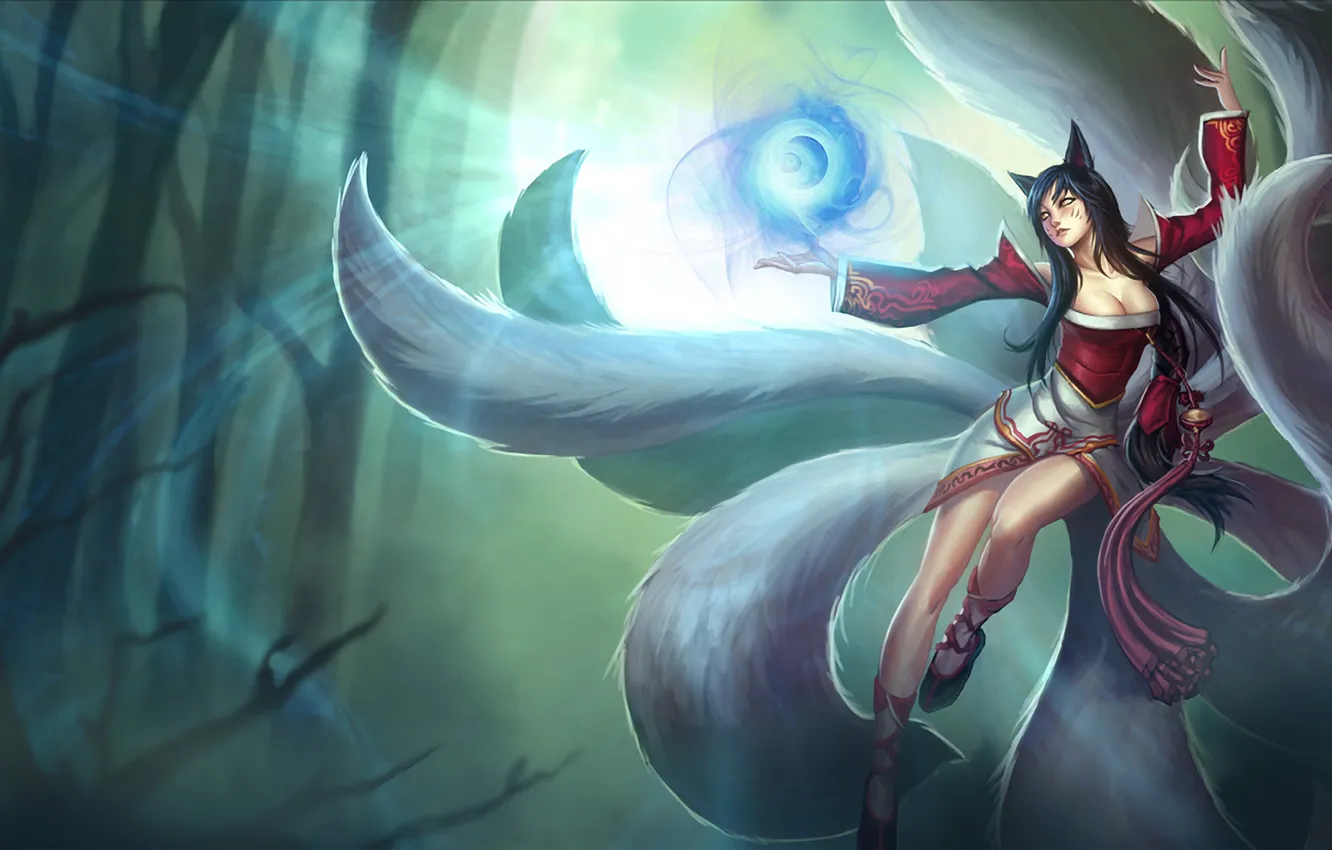 Photo wallpaper forest, girl, magic, ears, League of Legends, tails, LoL, Ahri