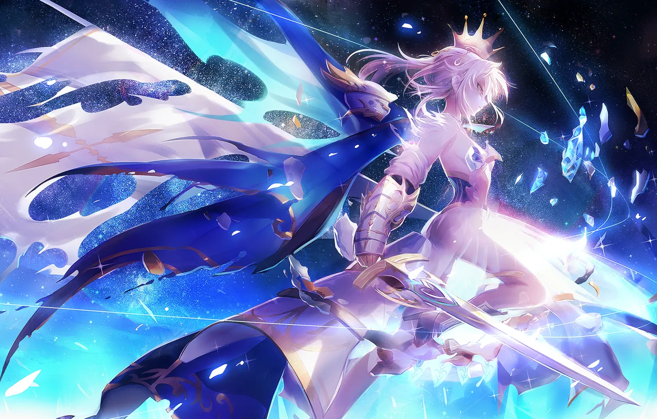 Photo wallpaper the sky, girl, stars, weapons, sword, anime, crown, art, saber, fate/stay night