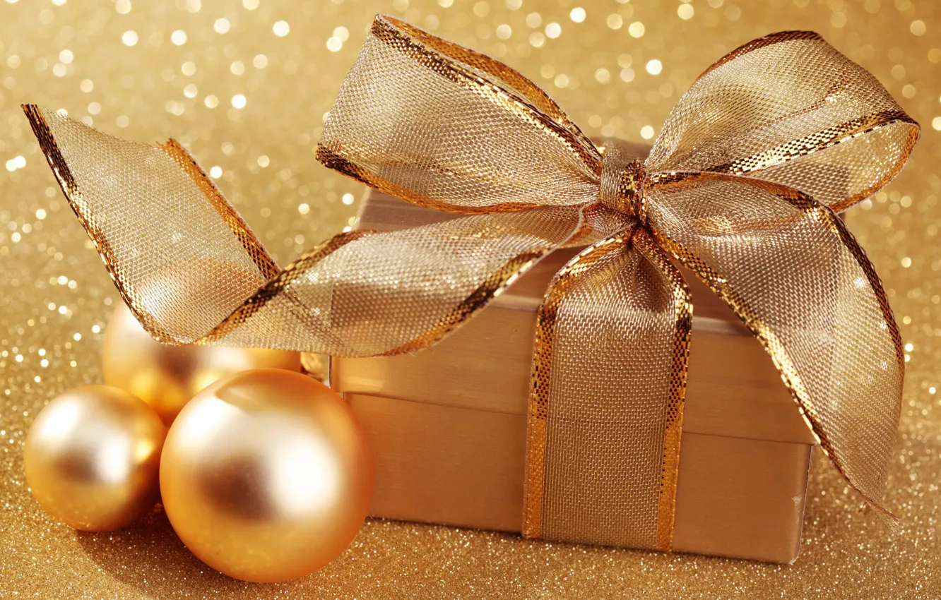 Photo wallpaper balls, gold, holiday, box, gift, balls, new year, Christmas, sequins, christmas, new year, bow, gold, …