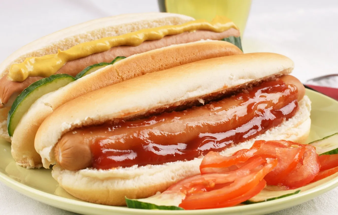 Photo wallpaper food, tomato, ketchup, sausage, fast food, bun, fast food, mustard, hotdog, McDonald's, Mcdonalds, ogyrec, hot …