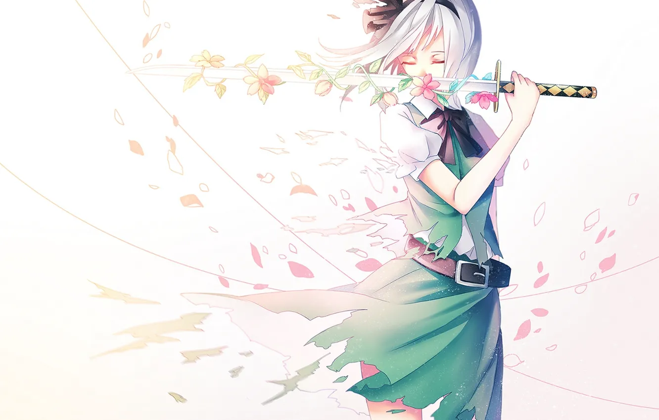 Photo wallpaper girl, flowers, weapons, katana, anime, petals, Sakura, art, touhou, konpaku youmu, ling, vivianling