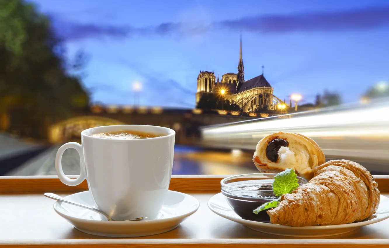 Wallpaper Paris, coffee, Breakfast, Paris, cathedral, France, Our Lady,  cup, jam, coffee, growing, breakfast, croissant images for desktop, section  еда - download