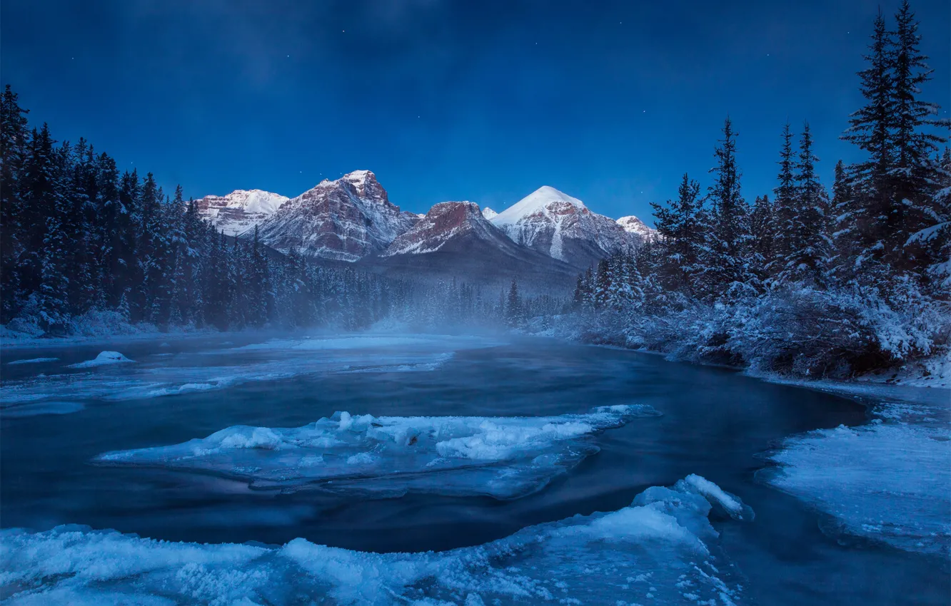 Photo wallpaper winter, forest, snow, mountains, night, river, ice, Canada, Albert