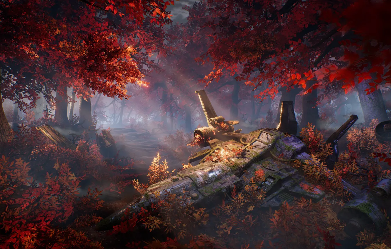 Photo wallpaper autumn, forest, trees, ship, art, sci-fi