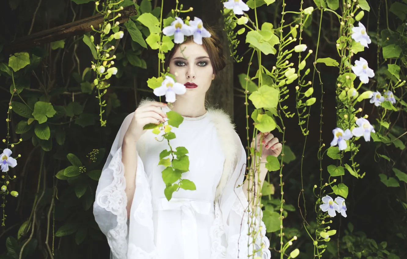 Photo wallpaper look, girl, flowers, youth, tenderness, beauty, spring, white dress, charm, vines, Anastasia Tymoshko