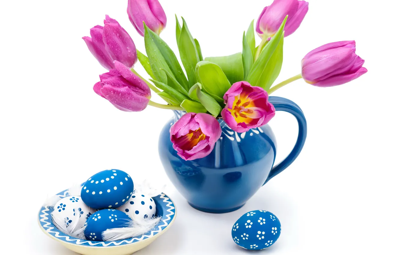 Photo wallpaper drops, eggs, spring, Easter, tulips, blue, easter