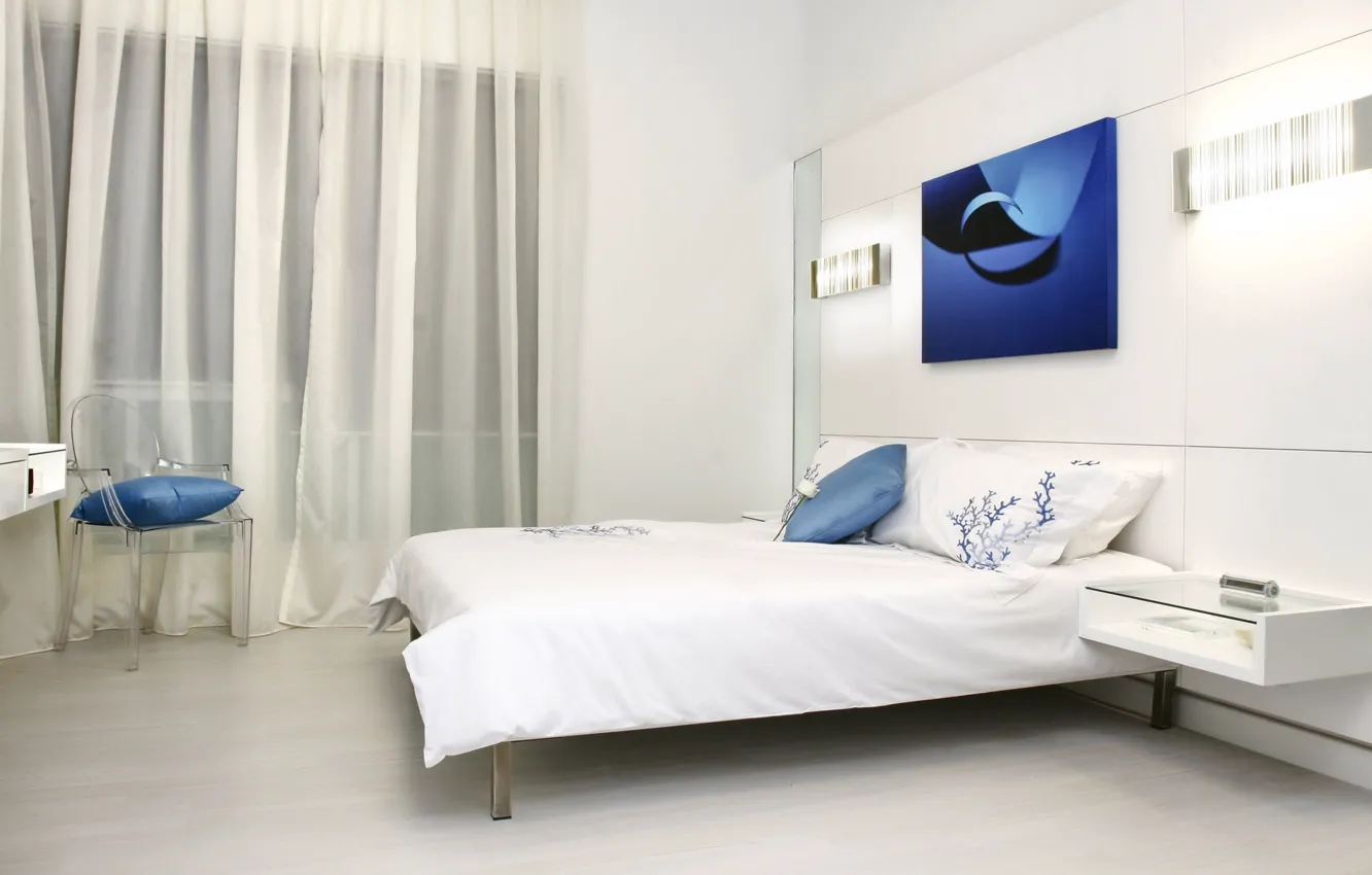 Photo wallpaper white, blue, room, bed, interior, bedroom
