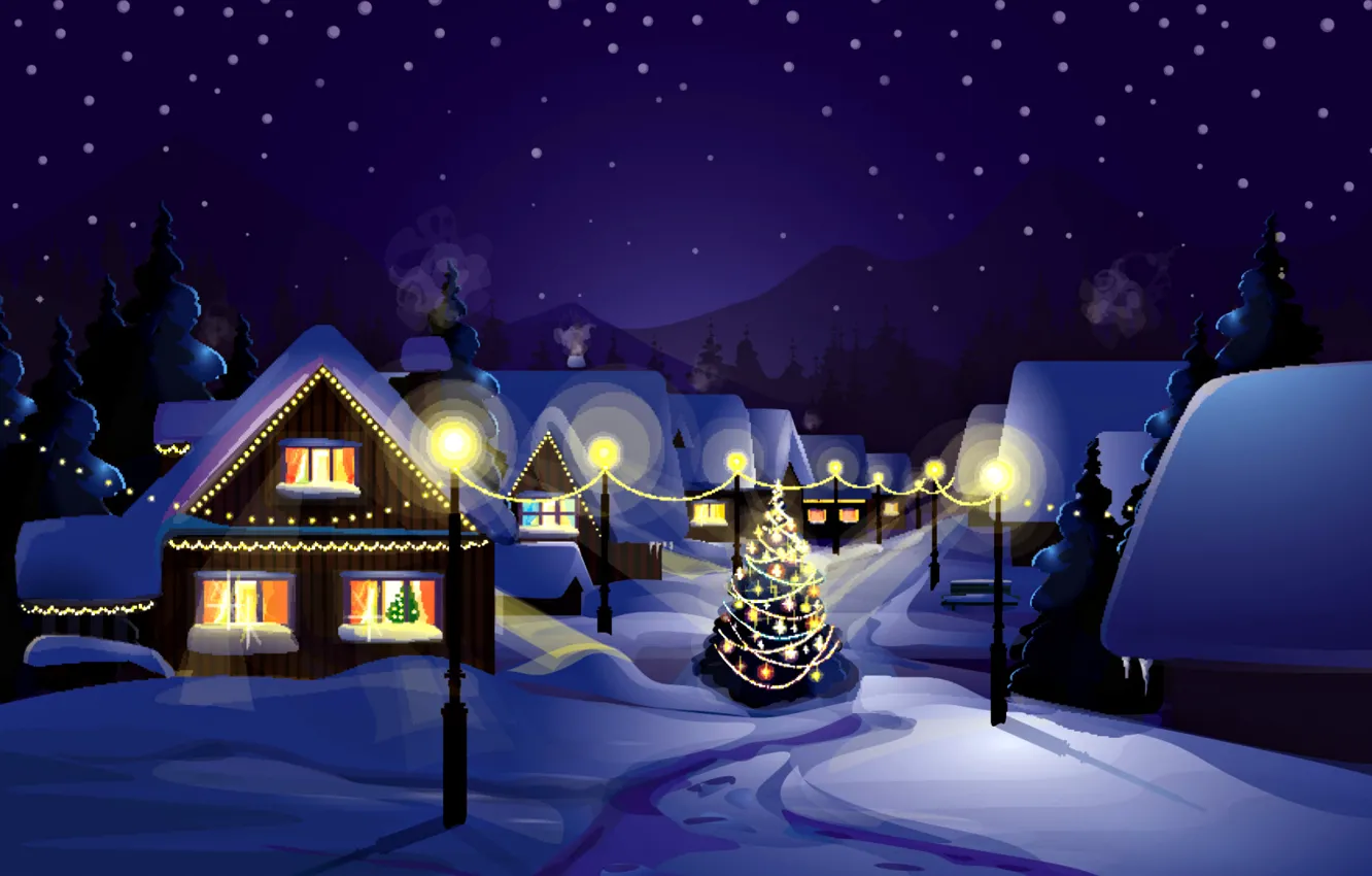 Photo wallpaper winter, snow, landscape, night, nature, holiday, tree, home, New Year, Christmas, Christmas, New Year, Christmas