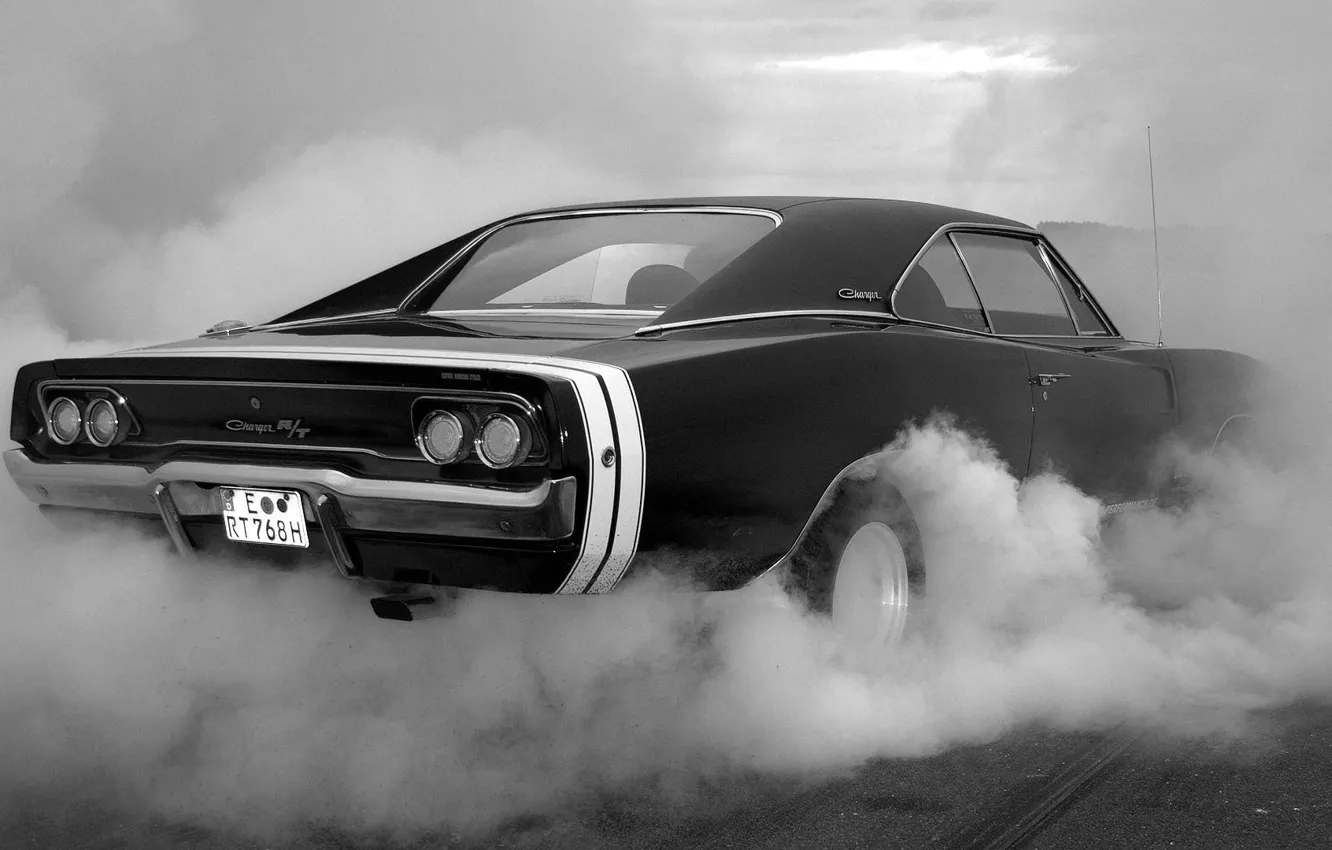 Photo wallpaper strip, lights, smoke, tires, the trunk, body, cherono, white, Dodge Charger RT