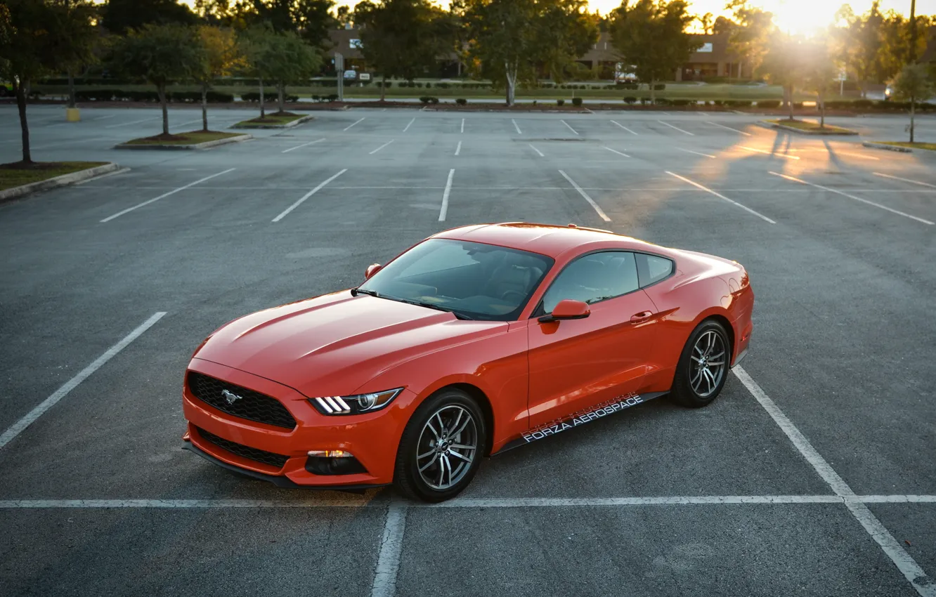 Photo wallpaper Ford, mustang, red, parking, 2015