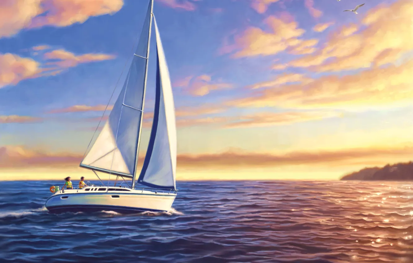 Photo wallpaper picture, painting, painting, colorful sailboats at sunset
