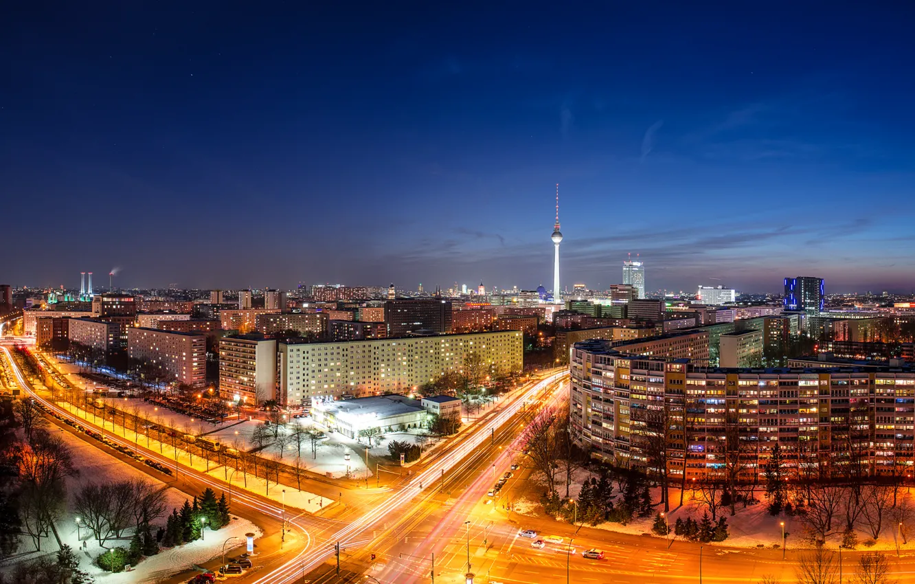 Photo wallpaper road, machine, night, the city, lights, building, home, excerpt, Germany, panorama, Germany, tower, capital, Germany, …