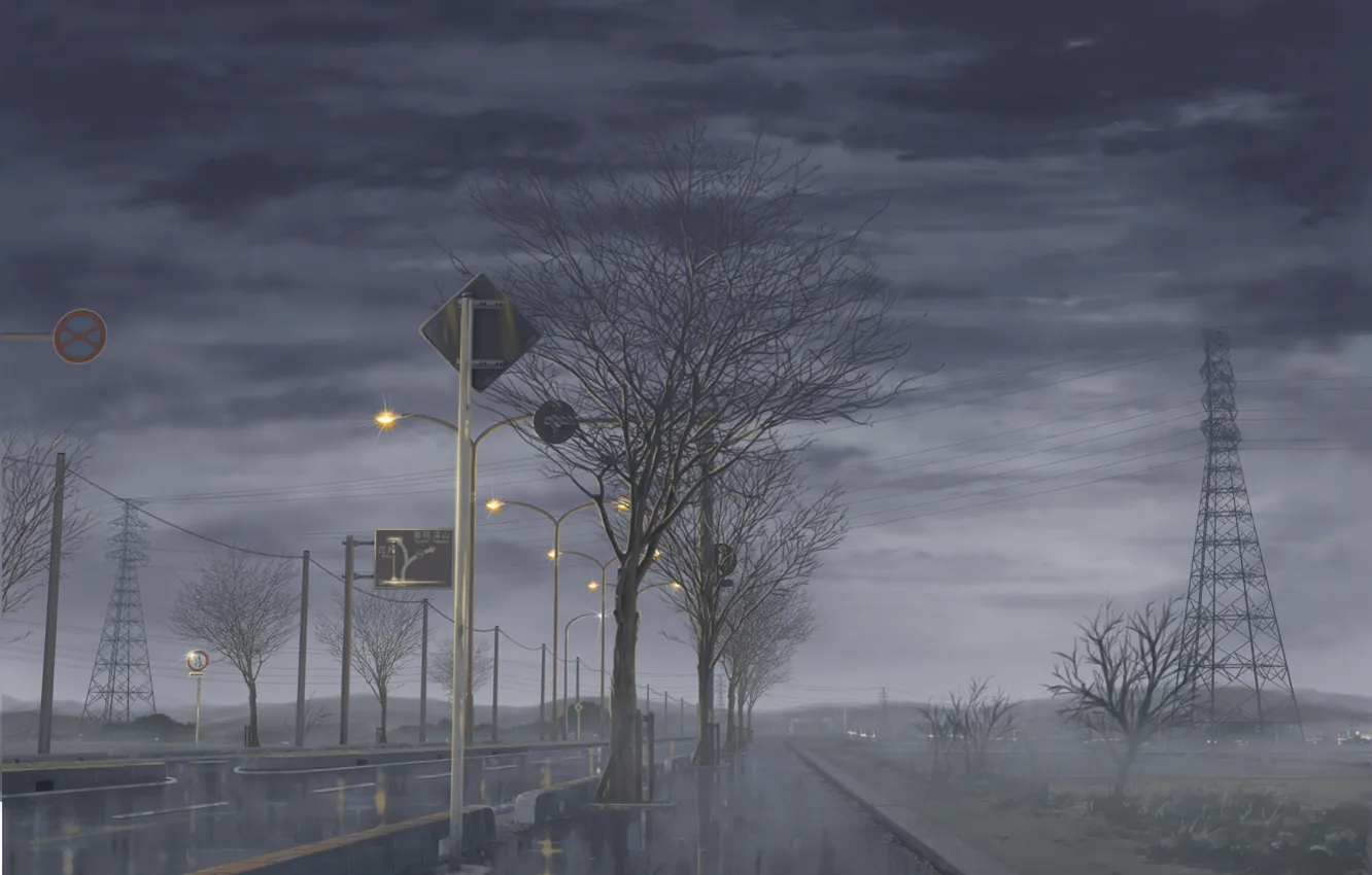 Photo wallpaper road, the sky, trees, clouds, fog, rain, Japan, Fanari, dense, Rainy day, pouring