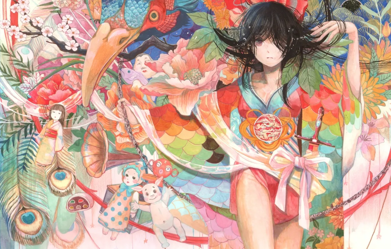 Wallpaper girl, flowers, toys, doll, anime, art, kimono, halo, fuji choko  images for desktop, section прочее - download