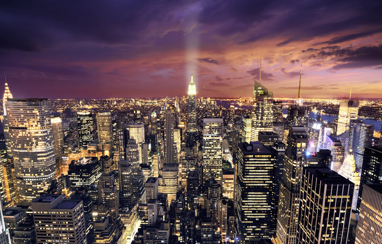 Photo wallpaper the sky, clouds, light, night, lights, photo, road, home, New York, America, skyscrapers