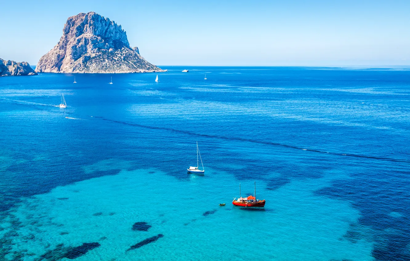 Photo wallpaper sea, rocks, yachts, horizon, Spain, Ibiza