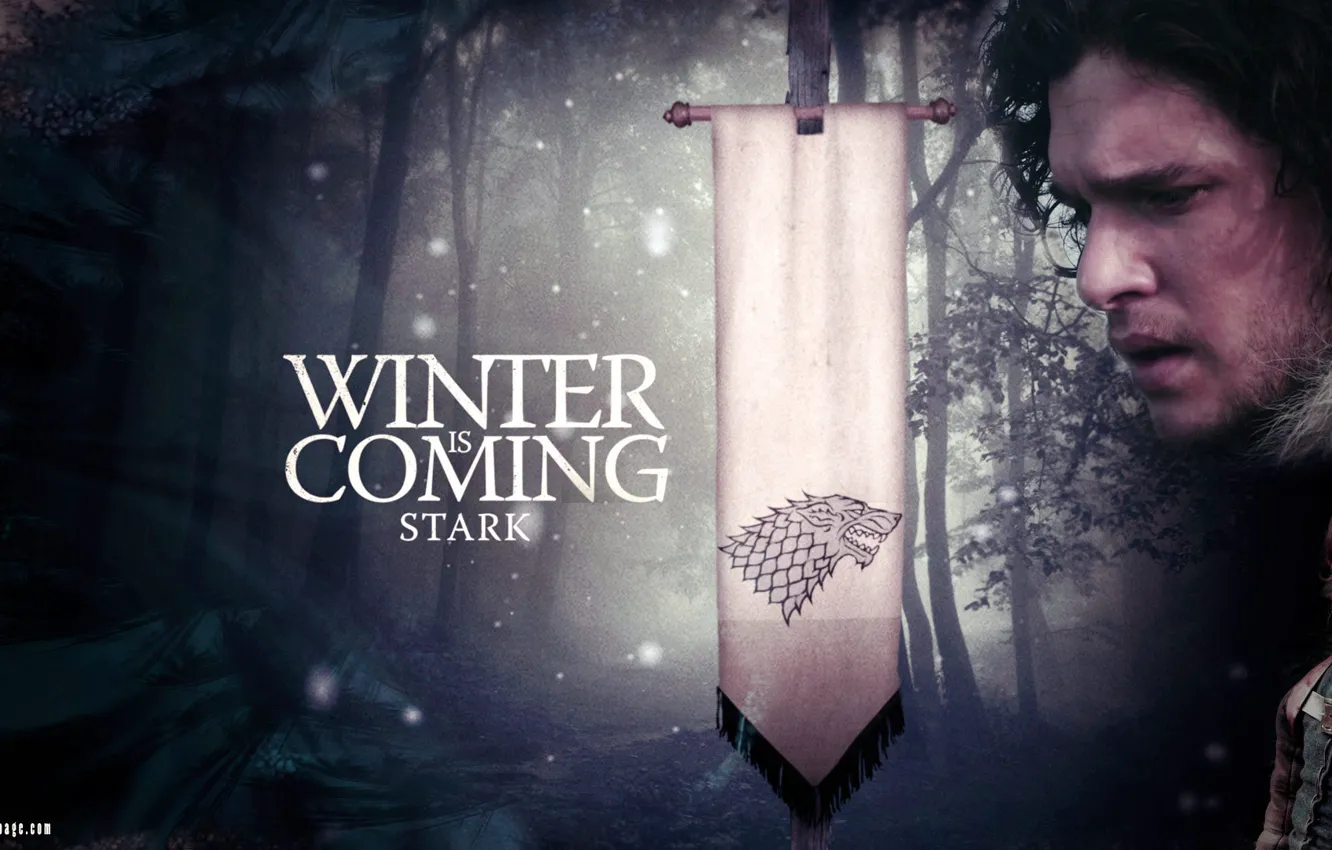 Photo wallpaper winter, snow, wolf, flag, motto, Game of Thrones, Game of thrones, Jon Snow, Bran, Stark