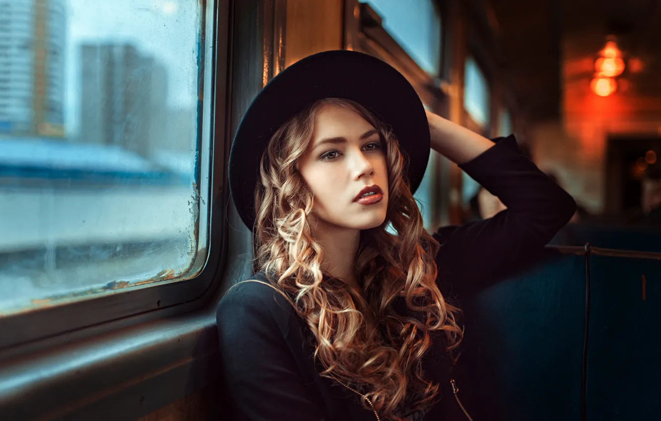 Wallpaper girl, window, the car, hat, curls, George Chernyadev, Traveler  images for desktop, section настроения - download