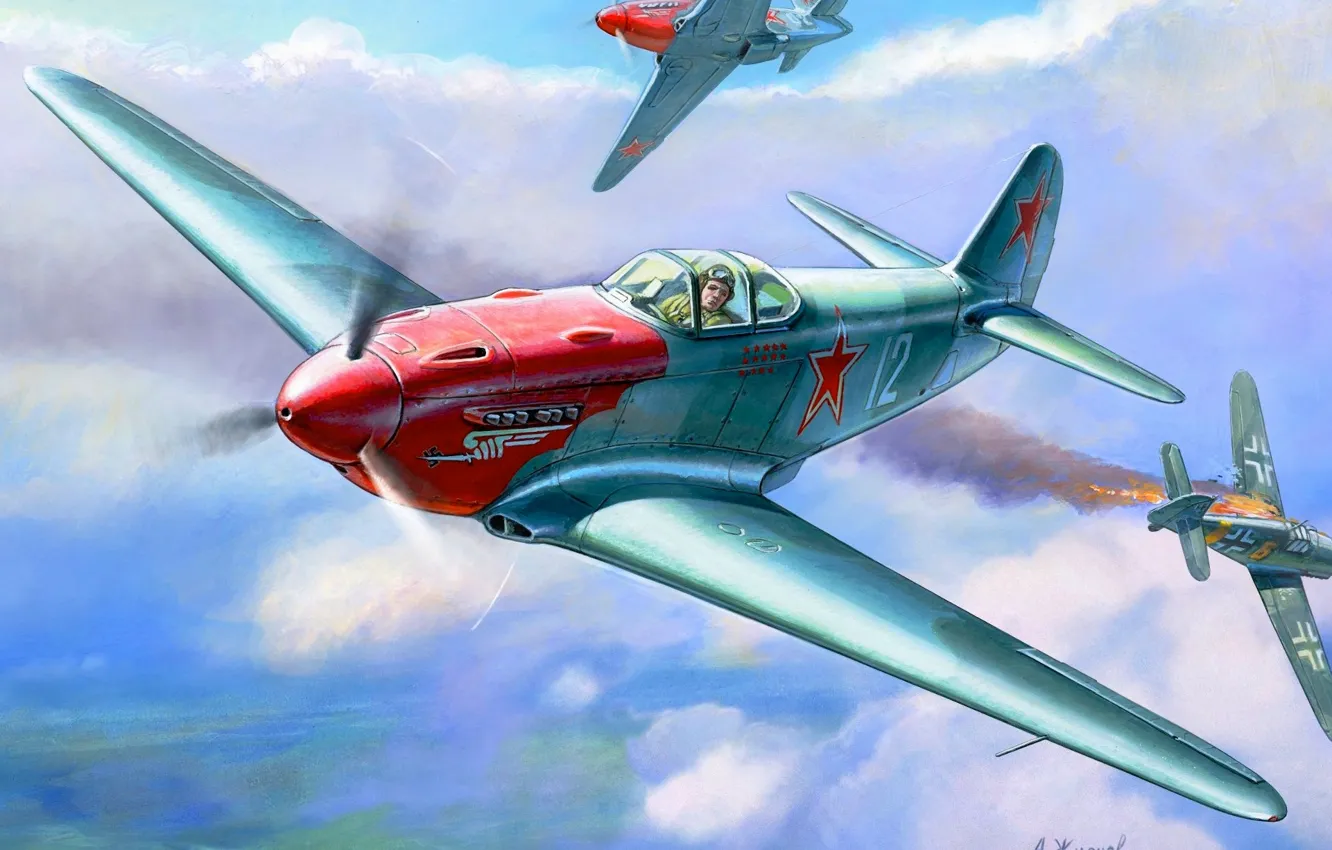 Photo wallpaper the plane, figure, fighter, USSR, the second world, dogfight, Zhirnov, Yakovlev, The Yak-3