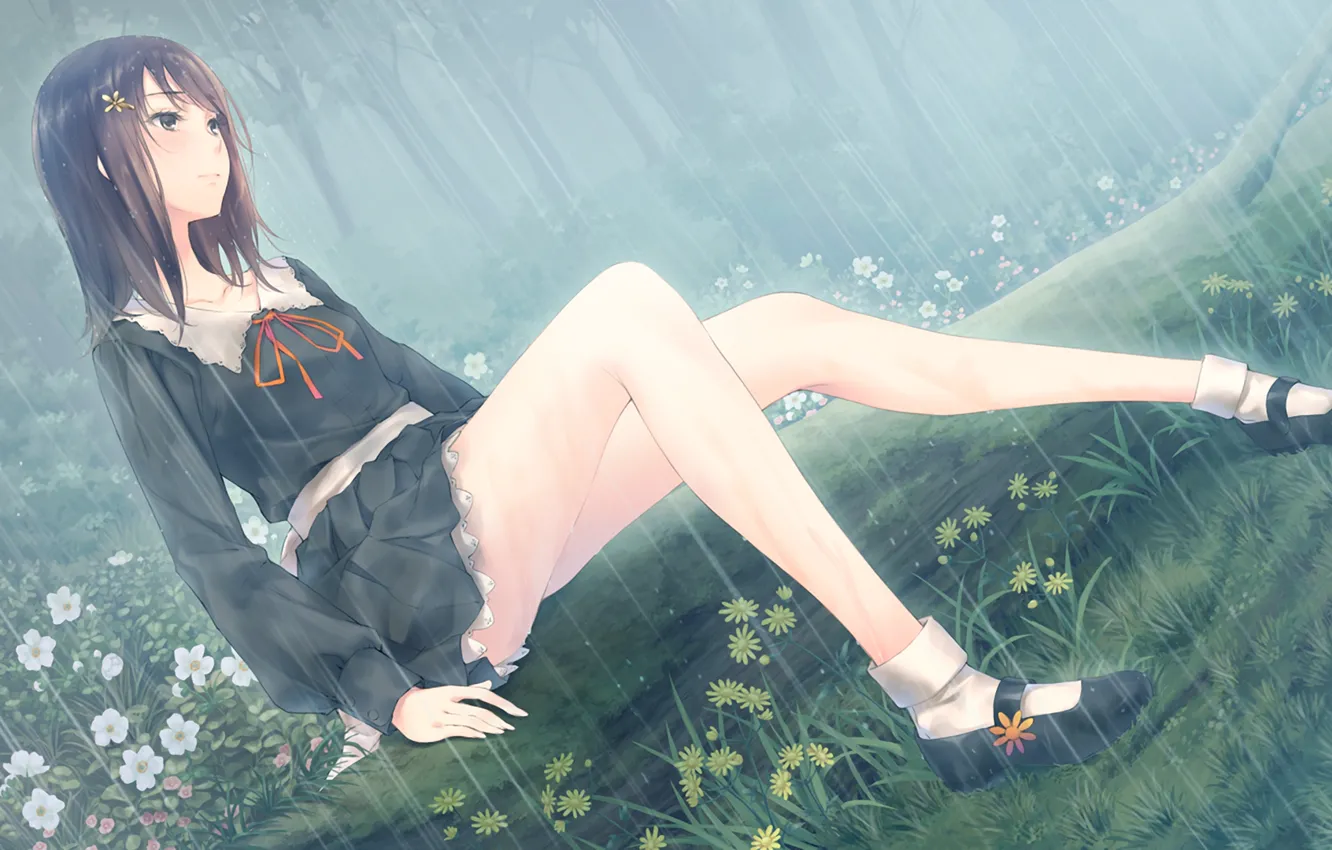 Photo wallpaper girl, rain, anime, art, flowers, upscale, sugina miki, kousaka mayuri, innocent grey