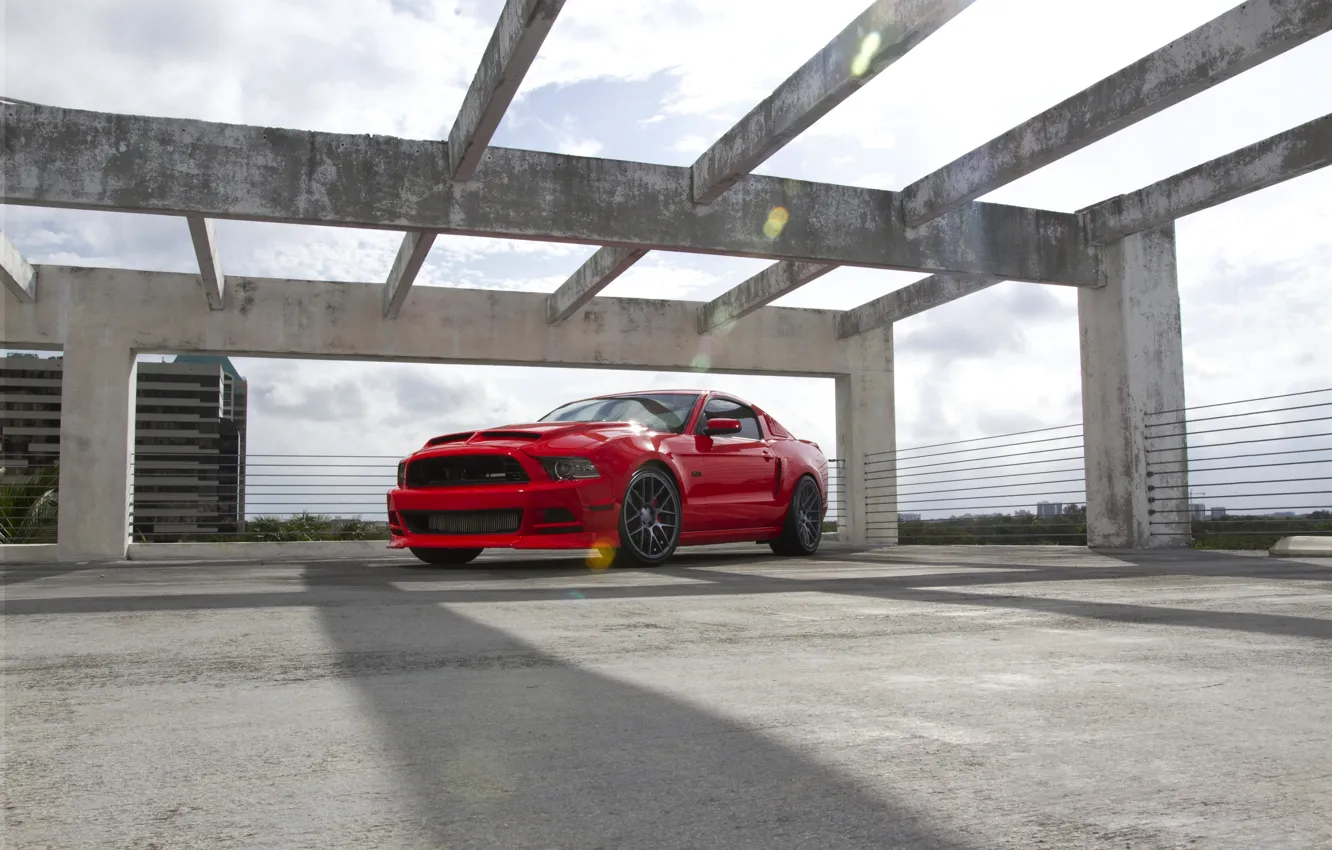 Photo wallpaper the sky, clouds, red, shadow, mustang, Mustang, red, ford, Ford, gt5.0