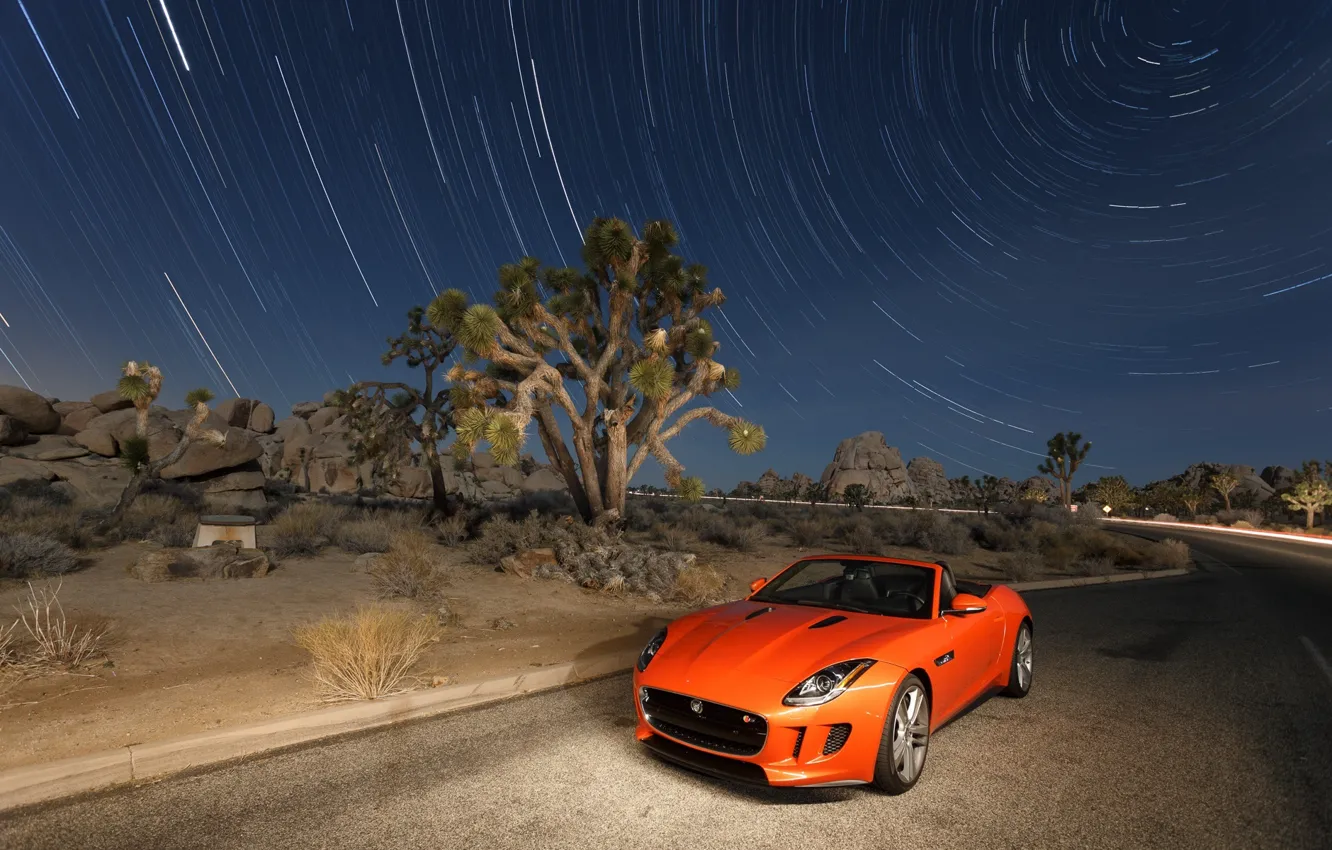 Photo wallpaper Jaguar, The sky, Auto, Road, Stars, Desert, Orange, F-Type, V8S