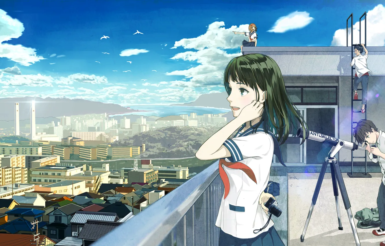 Photo wallpaper roof, the sky, clouds, the city, girls, home, anime, art, form, guys, telescope, students, 4ugaii, …
