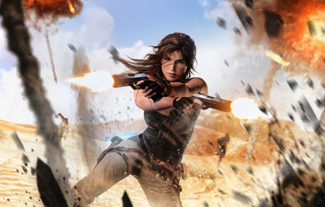 Wallpaper girl, desert, guns, explosions, lara croft, tomb raider images  for desktop, section игры - download