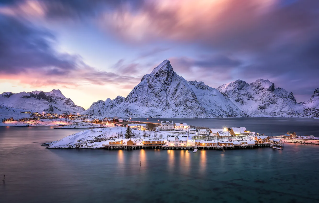 Photo wallpaper mountains, island, village, Norway, Norway, the fjord, Nordland, The Lofoten Islands, Pure, Lofoten archipelago, The …