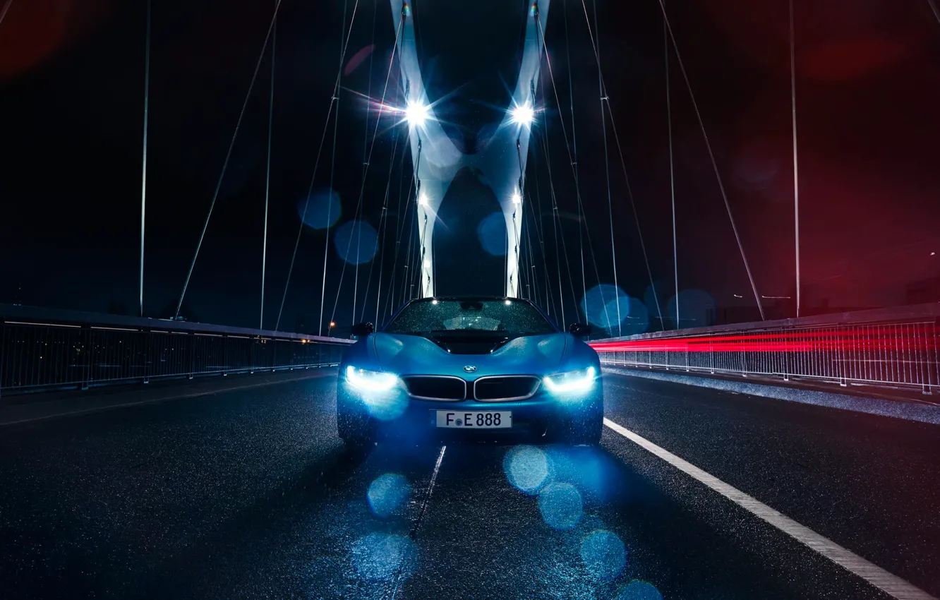 Photo wallpaper BMW, Car, Blue, Front, Bridge, Color, Rain, Sport