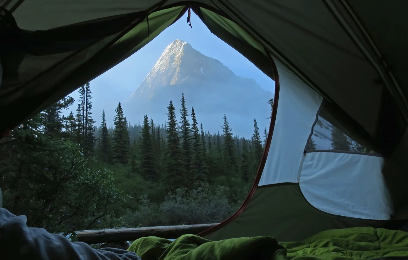Photo wallpaper nature, view, morning, mist, Tent, Mt. Robson