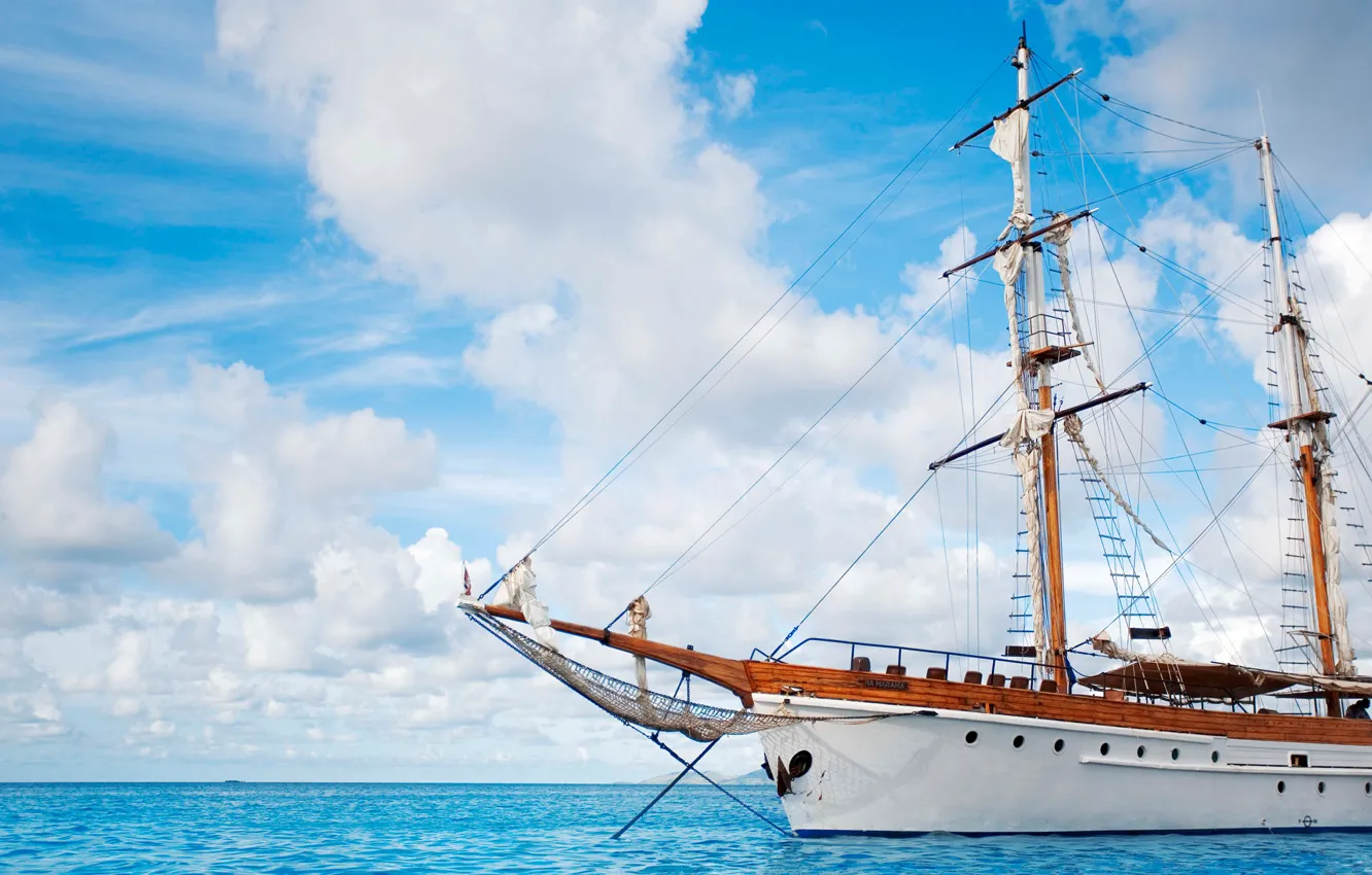Photo wallpaper Clouds, Sea, Ship, Sailboat, Blue
