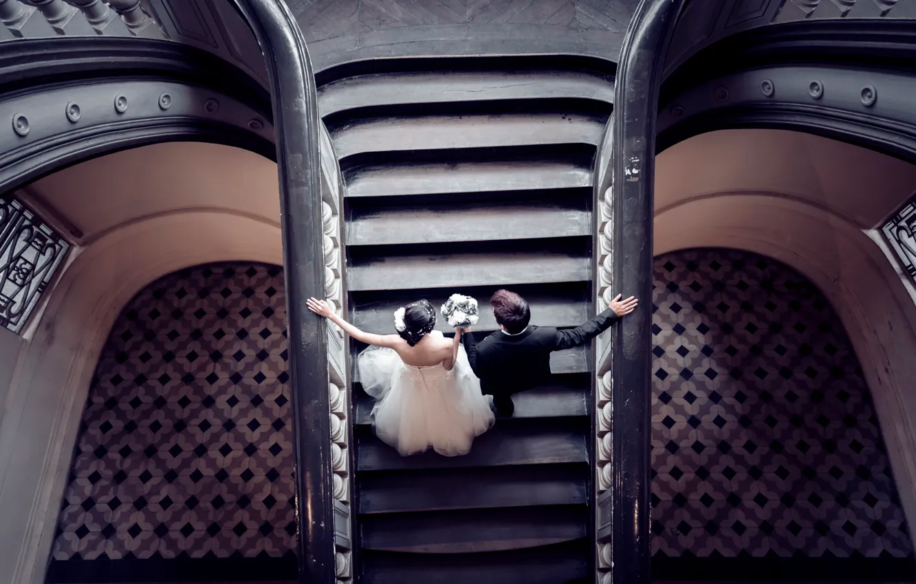 Photo wallpaper dress, costume, ladder, lovers, the bride, hall, the groom