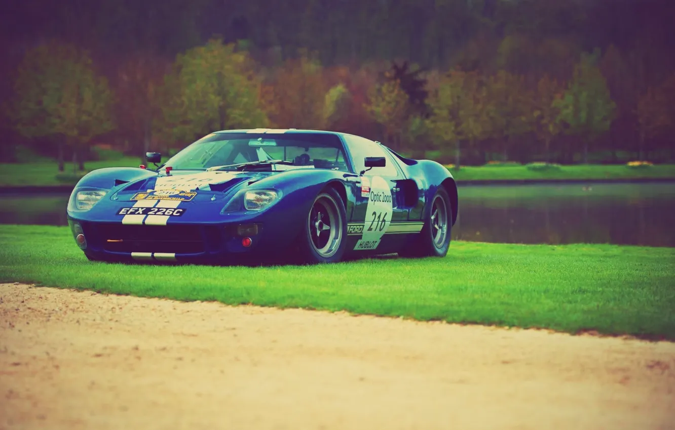 Photo wallpaper Ford, Grass, Lake, Forest, Car, 1965, Racing, GT40