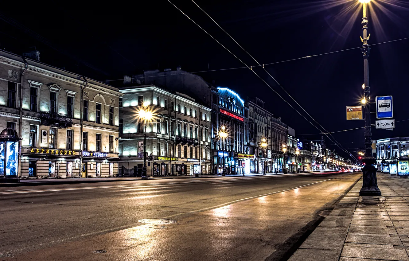 Photo wallpaper road, night, lights, lights, Russia, Peter, Saint Petersburg, St. Petersburg, Nevsky Prospekt