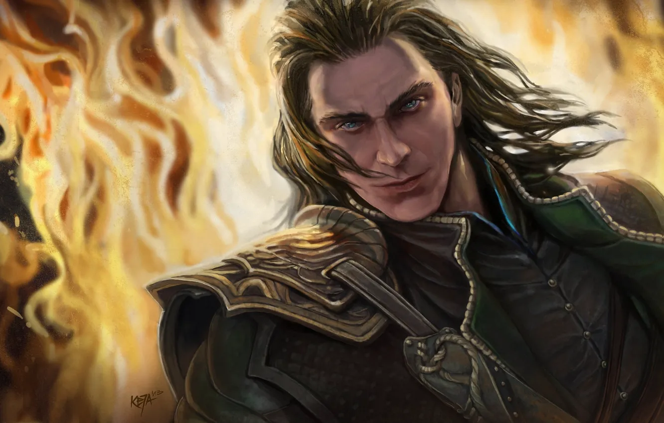 Wallpaper fire, God, art, male, Loki