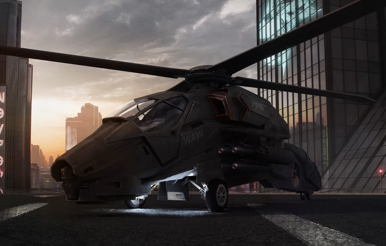 Photo wallpaper roof, sunset, building, office, helicopter, wasp